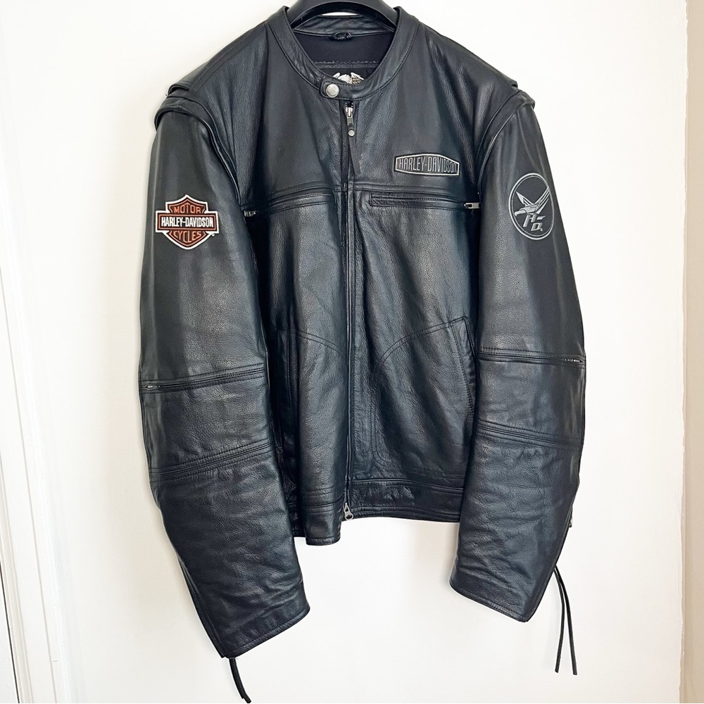 Harley-Davidson 2008 Black Leather Biker Jacket w/Air Vents, Ties for Snug Fit - Picture 3 of 17